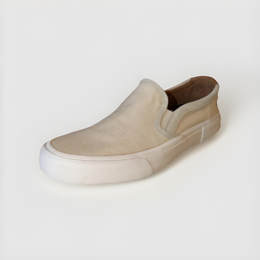 Frye Ludlow Slip On Sneakers Mens SZ 11.5 Canvas Casual Beige Shoes Leather Trim